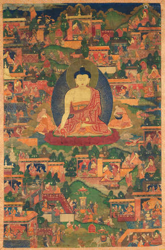 TIBET, 18TH CENTURY A THANGKA DEPICTING SCENES FROM THE AVADANAKALPALATA