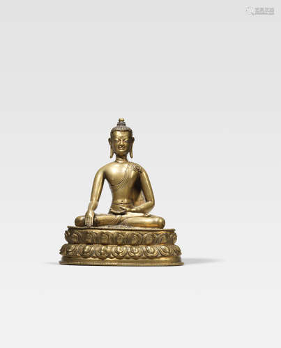 TIBET, CIRCA 13TH CENTURY A SILVER AND COPPER INLAID BRASS ALLOY FIGURE OF SHAKYAMUNI BUDDHA