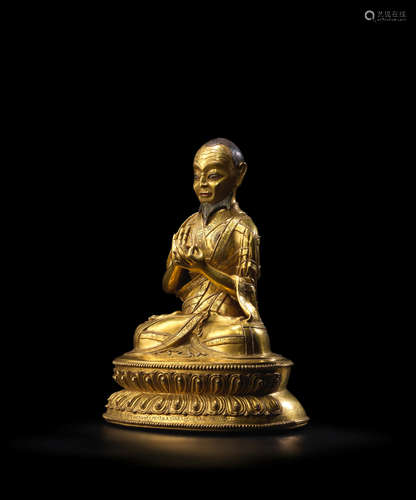 TIBET, 16TH CENTURY A GILT COPPER ALLOY FIGURE OF JANGCHUB GYALTSEN