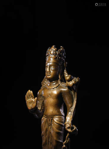 SWAT VALLEY, CIRCA 600 A SILVER INLAID COPPER ALLOY FIGURE OF A BODHISATTVA