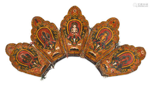 TIBET, CIRCA 15TH CENTURY A PAINTED LEATHER RITUAL CROWN WITH THE FIVE PRESIDING BUDDHAS