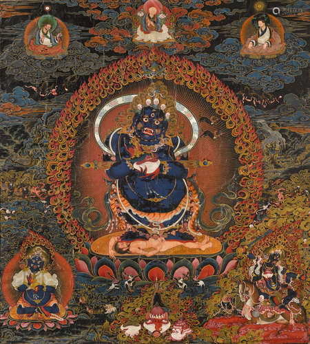 CENTRAL TIBET, 18TH CENTURY  A BLACKGROUND THANGKA OF PANJARNATA MAHAKALA