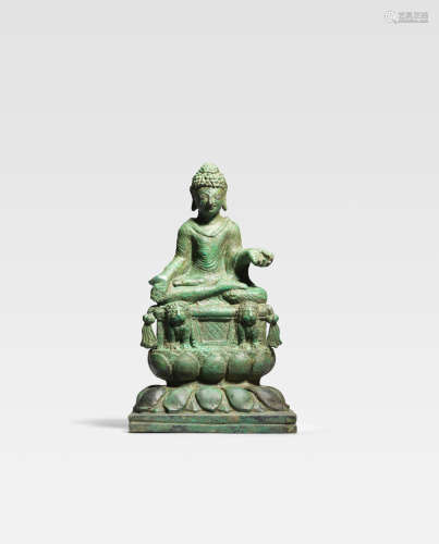 SWAT VALLEY, 8TH/9TH CENTURY A SILVER INLAID COPPER ALLOY FIGURE OF SHAKYAMUNI