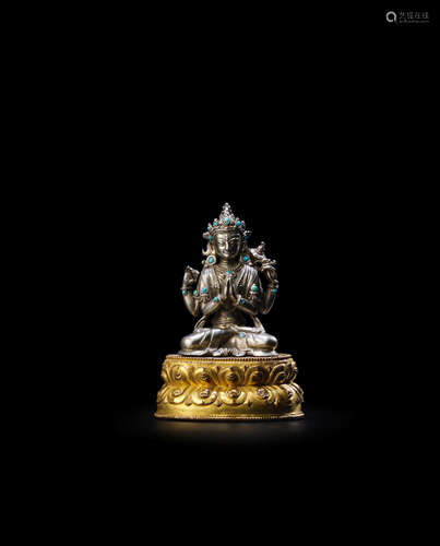 TIBET, CIRCA 17TH CENTURY A SILVER FIGURE OF AVALOKITESHVARA SHADAKSHARI WITH A GILT COPPER ALLOY BASE