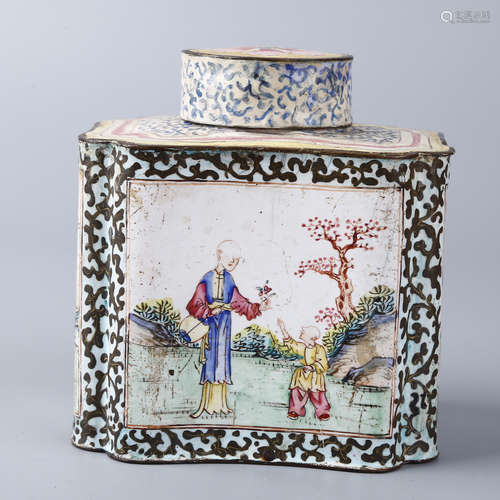 AN ENAMEL TEA CADDY