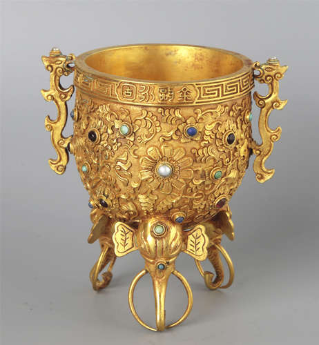 A GILT BRONZE AND PRECIOUS STONE CENSER