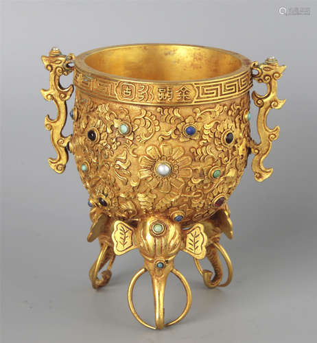 A GILT BRONZE AND PRECIOUS STONE CENSER