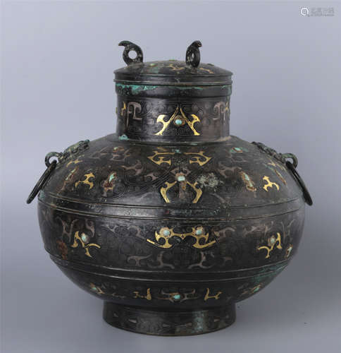 AN ARCHAIC BRONZE INLAID GOLD VESSEL AND COVER