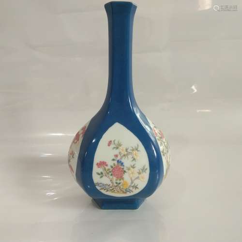 A BLUE GLAZED VASE WITH QIANLONG MARK