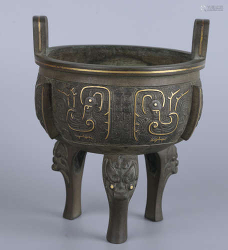 A BRONZE INLAID GOLD TRIPOD CENSER