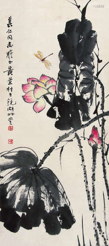 黄叶村（1911～1987） 荷花蜻蜓 立轴 设色纸本