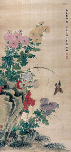 王梦龄（？－1861） 菊花山禽 立轴 设色绢本