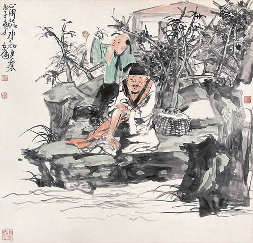 郭东健（b.1956） 临水知鱼乐 镜片 设色纸本