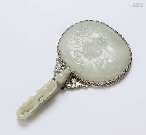 18世纪 银镶白玉寿字刻八宝龙勾把手镜