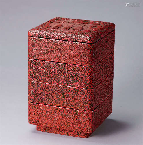 剔红人物纹花卉纹四段方盒