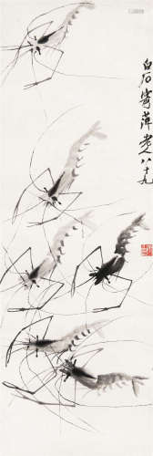 齐白石（1864～1957） 1949年作 六虾图 立轴 水墨纸本