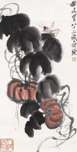 齐白石（1864～1957） 1943年作 南瓜螳螂 立轴 设色纸本