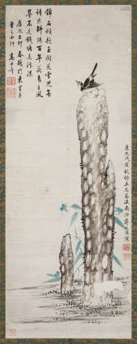 蒋廷锡（清） 1698年作 星石幽鸟图 立轴 设色纸本