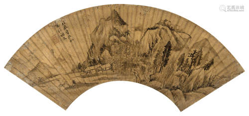 董其昌（明） 1628年作 山水扇面 立轴 水墨金笺纸