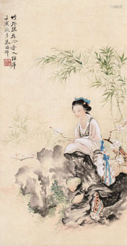 朱梅村 仕女图 设色纸芯