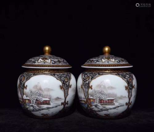A PAIR OF LANDSCAPE PATTERN INK COLOUR COVERED POTS
