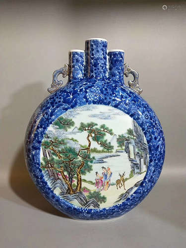 17-19TH CENTURY, A BLUE&WHITE STORY DESIGN THREE-TUBE VASE, QING DYNASTY