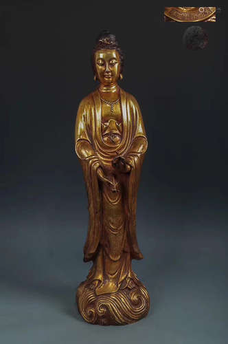 14-16TH CENTURY, A GILT BRONZE GUANYIN DESIGN FIGURE, MING DYNASTY