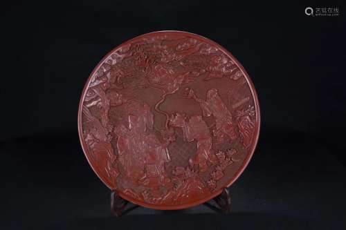 A STORY DESIGN RED LACQUER CARVING PLATE