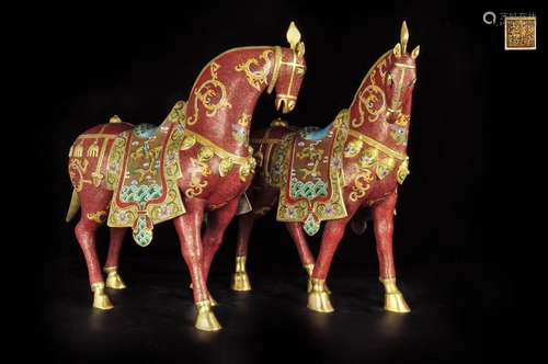 17-19TH CENTURY, A PAIR OF CLOISONNE HORSE DESIGN ORNAMENT, QING DYNASTY