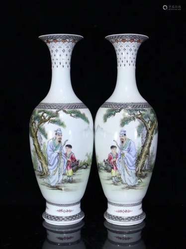 A PAIR OF STORY DESIGN FAMILLE VASE