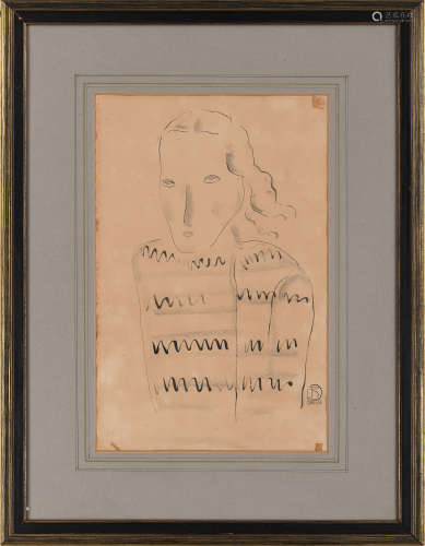 常玉（1901～1966） 穿毛衣的女士（素描） 镜框 纸 墨