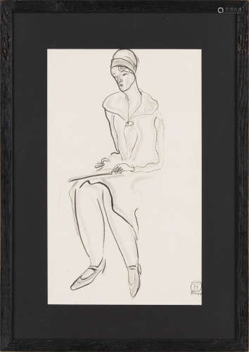 常玉（1901～1966） 女性像（素描） 镜框 纸 墨