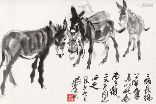 黄胄（1925～1997） 1978年作 群驴图 立轴 水墨纸本