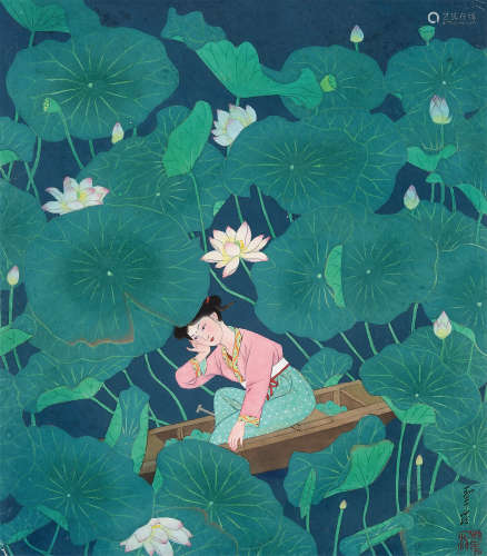 潘絜兹（1915～2002） 莲荷姑娘 镜框 设色纸本