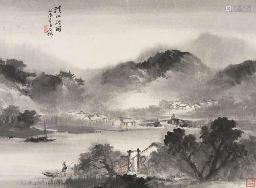 吴石僊（1845～1916） 1895年作 溪山烟雨 立轴 设色纸本