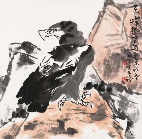 李苦禅（1899～1983） 1979年作 天峰鸷鸟 镜框 设色纸本