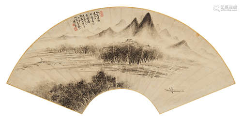 吴大澂（1835～1902） 1890年作 山水扇面 镜框 水墨纸本