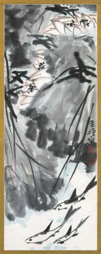 李苦禅（1899～1983） 荷花游鱼 立轴 设色纸本