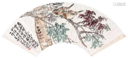 王震（1867～1938） 1927年作 秋幽鸟语图 镜框 设色纸本