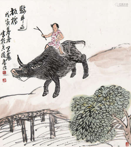 王震（1867～1938） 骑牛过板桥 镜框 设色纸本