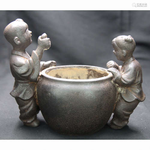 CHINESE IRON CASTED BOYS WITH WATER JAR