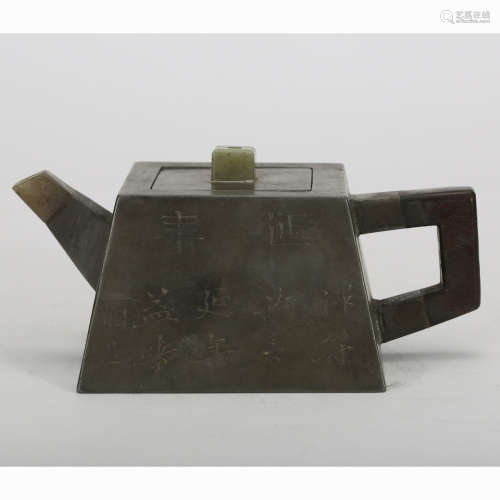 CHINESE PEWTER TEAPOT WITH JADE INLAID