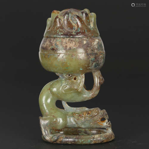 CHINESE ARCHAIC JADE CENSER WITH BEAST