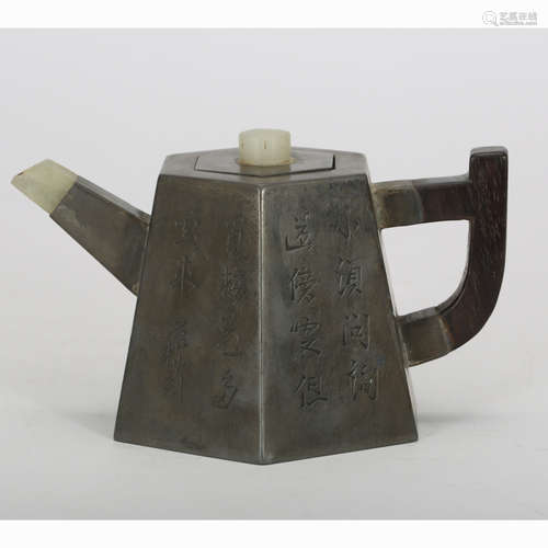 CHINESE PEWTER TEAPOT WITH JADE INLAID