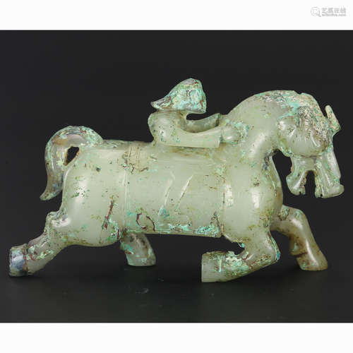 CHINESE JADE CARVED FIGURINE RIDING HORSE