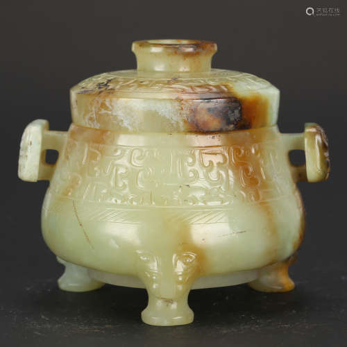 CHINESE ARCHAIC JADE CARVED COVER CENSER