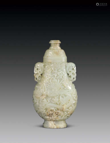 18世纪 白玉浮雕云龙纹凤耳盖瓶