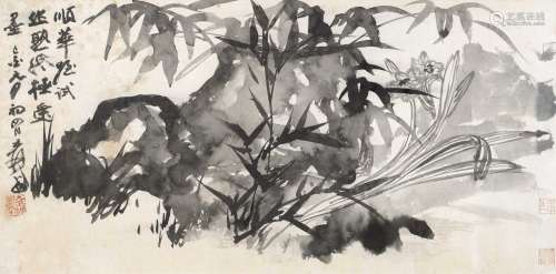 张大千（1899～1983） 水仙竹石图 镜心 纸本