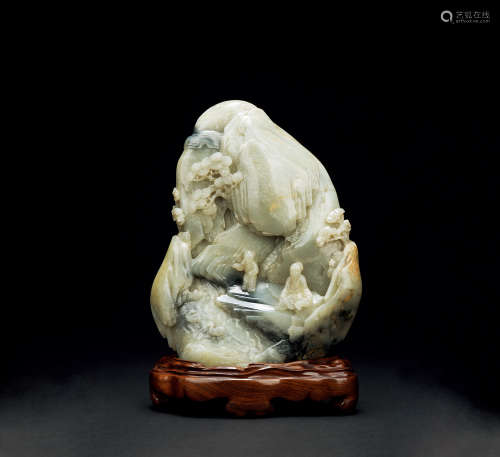 十七世紀 青玉巧色“羲之愛鵝”擺件連木座