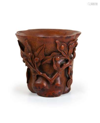 木雕蘭花犀角形杯